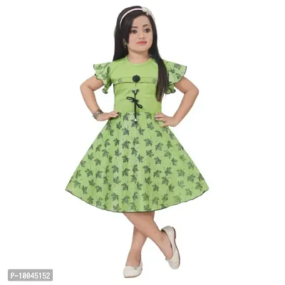 RJ JOSHNA'S Dresses Cotton Blend Printed Knee Length Frock Dress for Girls (Green, 9-10 Years)