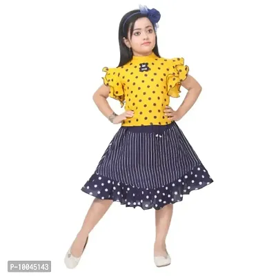 RJ JOSHNA'S Dresses Cotton Blend Printed Top and Skirt Dress for Girls (Yellow, 8-9 Years)-thumb0