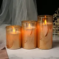 LTETTES Flameless LED Battery Powered Candles with Swiveling Wick Paraffin Wax Transparent Glass Pillar Cup Candle Set of 3 - 4 5 6 Height with Remote Controller for Home Decor Party Festival Wedding Decoration (Amber)-thumb1