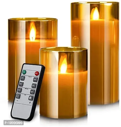 LTETTES Flameless LED Battery Powered Candles with Swiveling Wick Paraffin Wax Transparent Glass Pillar Cup Candle Set of 3 - 4 5 6 Height with Remote Controller for Home Decor Party Festival Wedding Decoration (Amber)