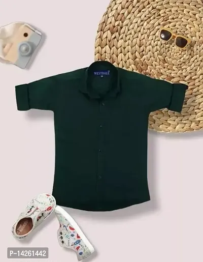 Stylish Dark Green Cotton Solid Shirts For Boys-thumb0