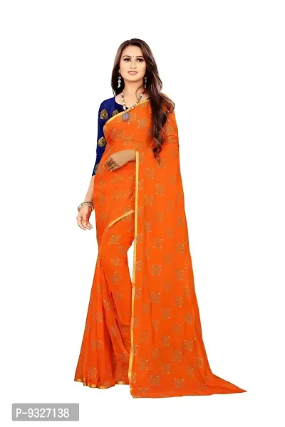 Rhey The Women Foil Printed Work Chiffon Saree With Unstitched Blouse Piece (Orange)