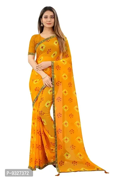 Rhey Women's beautiful Chiffon Badhani Printed Saree With unstitched blouse piece for women's and girl's (Yellow)