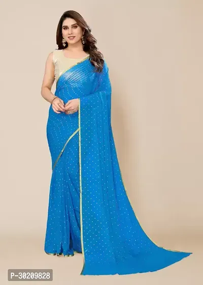 Stylish Sky Blue Chiffon Saree With Blouse Piece For Women-thumb0