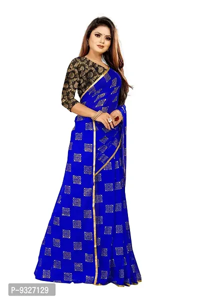 Rhey Women's Pure Chiffon Banarasi Weaving Printed Saree - Gold Zari Border with Jaquard Blouse Piece (Colour - Blue)-thumb5