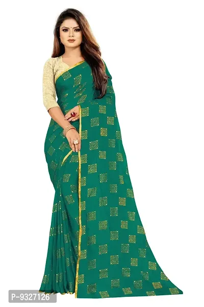 Rhey Women's Pure Chiffon Banarasi Weaving Printed Saree - Gold Zari Border with Jaquard Blouse Piece (Colour - Dark Green)-thumb0