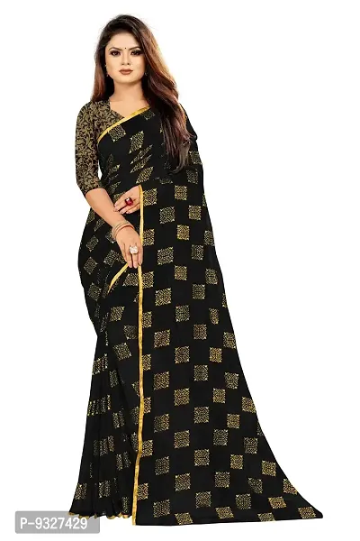 Rhey Women's Pure Chiffon Banarasi Weaving Printed Saree - Gold Zari Border with Jaquard Blouse Piece (Colour - Black)