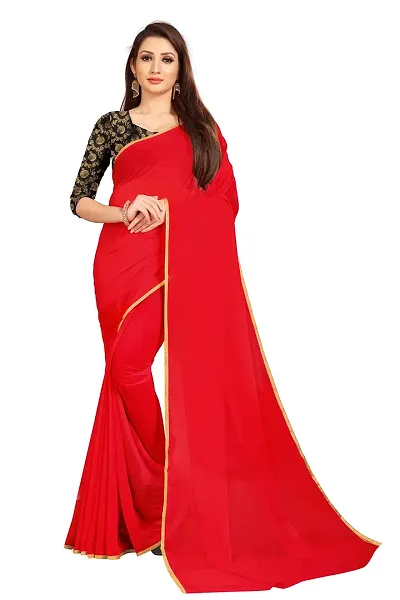 Rhey The Festive Plain Georgette Saree With Unsttiched Jaquard Blouse Piece (Red)