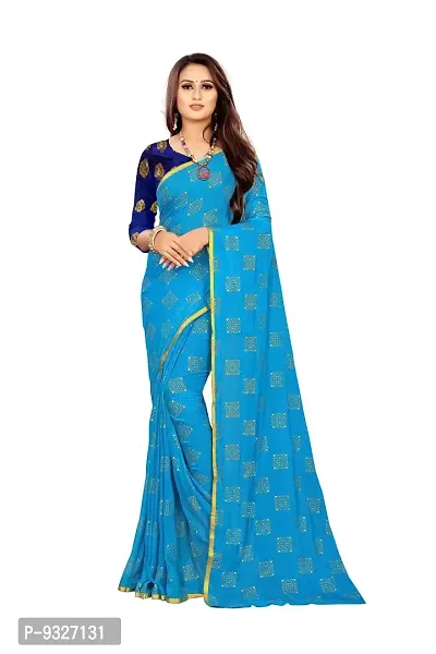 Rhey The Women Foil Printed Work Chiffon Saree With Unstitched Blouse Piece (Light Blue)