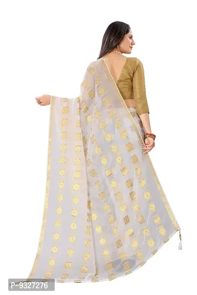 Rhey Women's Pure Chiffon Stone work Saree - Woven Zari  tassels with Jaquard Blouse Piece (Colour White)-thumb2