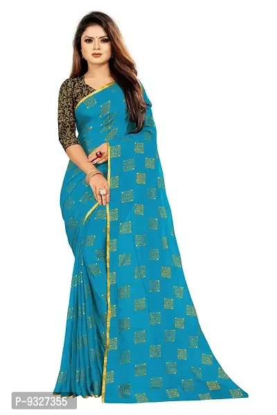 Rhey Women's Pure Chiffon Banarasi Weaving Printed Saree - Gold Zari Border with Jaquard Blouse Piece (Colour - Light Blue)