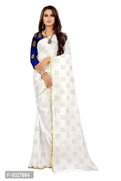 Rhey Women's Pure Chiffon Banarasi Weaving Printed Saree - Gold Zari Border with Jaquard Blouse Piece (Colour - White)