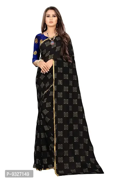 Rhey The Women's Banarasi Foil Printed Work Chiffon Saree with Unsttiched Blouse Piece (Black)