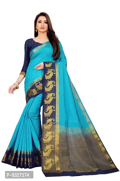 Rhey Woven Zari Work Light Blue Color Kanjivaram Silk Saree With blouse Piece (Blue)