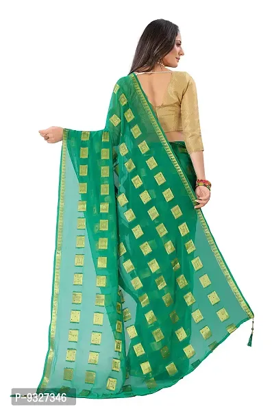 Rhey The Stone and tassels Hand Work Checks Pattern Chiffon Saree With unstitched Blouse Piece (Dark Green)-thumb3