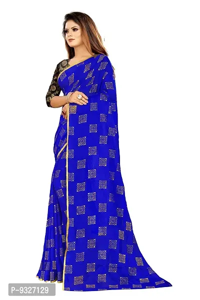 Rhey Women's Pure Chiffon Banarasi Weaving Printed Saree - Gold Zari Border with Jaquard Blouse Piece (Colour - Blue)-thumb2