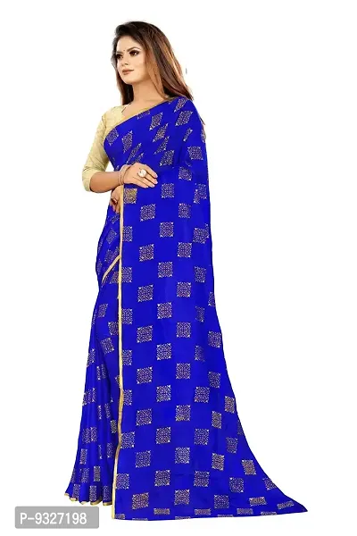 Rhey Women's Pure Chiffon Banarasi Weaving Printed Saree - Gold Zari Border with Jaquard Blouse Piece (Colour - Blue)-thumb2