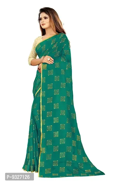 Rhey Women's Pure Chiffon Banarasi Weaving Printed Saree - Gold Zari Border with Jaquard Blouse Piece (Colour - Dark Green)-thumb2