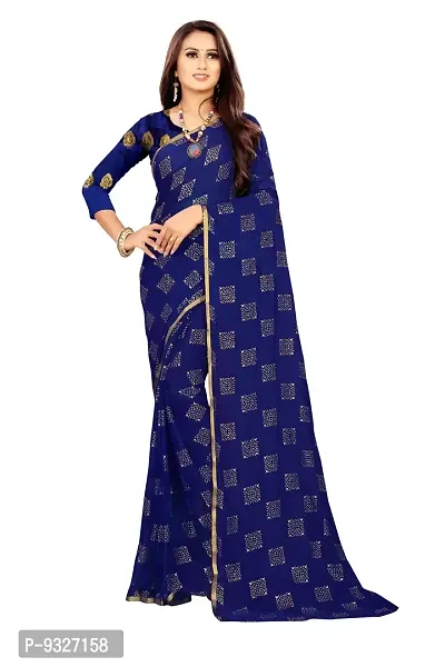 Rhey The Women Foil Printed Work Chiffon Saree With Unstitched Blouse Piece (Dark Blue)-thumb0