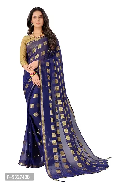 Rhey The Stone and tassels Hand Work Checks Pattern Chiffon Saree With unstitched Blouse Piece (Dark Blue)