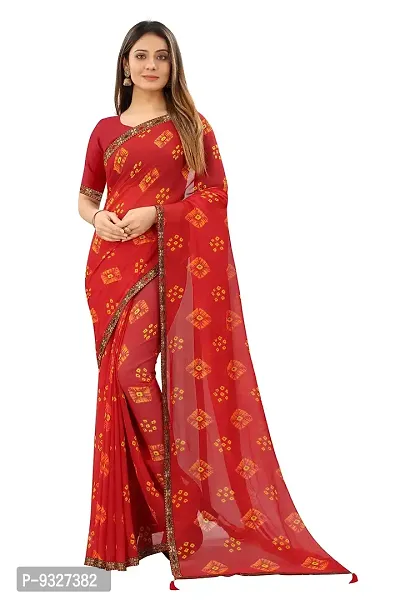 Rhey Women's beautiful Chiffon Badhani Printed Saree With unstitched blouse piece for women's and girl's (Red)