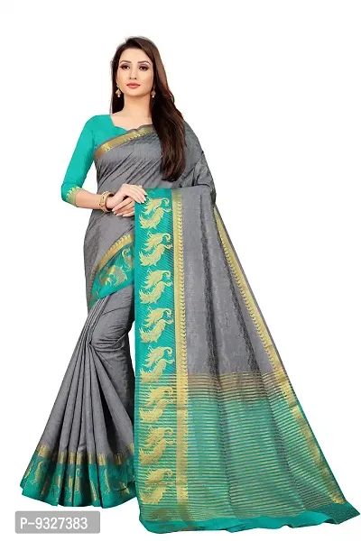 Rhey Woven Zari Work Light Blue Color Kanjivaram Silk Saree With blouse Piece (Grey)