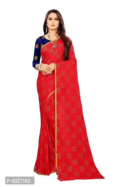 Rhey The Women Foil Printed Work Chiffon Saree With Unstitched Blouse Piece (Red)