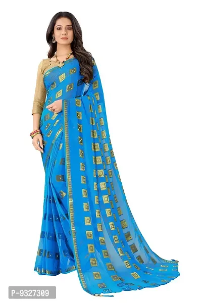 Rhey The Stone and tassels Hand Work Checks Pattern Chiffon Saree With unstitched Blouse Piece (Light Blue)