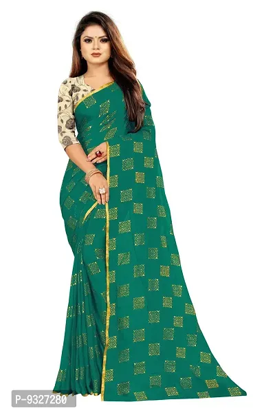 Rhey The Women's Foil Printed Pure Chiffon Saree With Unstitched Blouse Piece (Dark Green)-thumb0