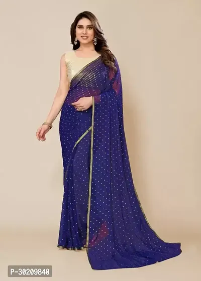 Stylish Navy Blue Chiffon Saree With Blouse Piece For Women