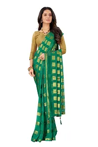 Rhey The Stone and tassels Hand Work Checks Pattern Chiffon Saree With unstitched Blouse Piece (Dark Green)-thumb3