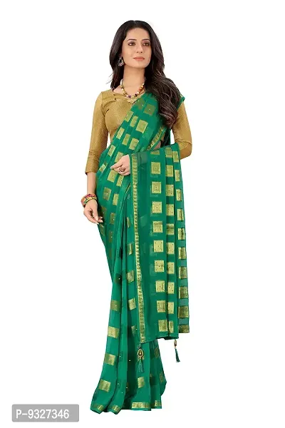 Rhey The Stone and tassels Hand Work Checks Pattern Chiffon Saree With unstitched Blouse Piece (Dark Green)-thumb4