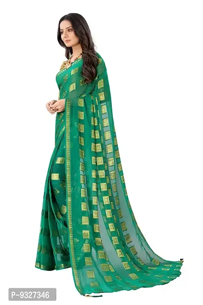 Rhey The Stone and tassels Hand Work Checks Pattern Chiffon Saree With unstitched Blouse Piece (Dark Green)-thumb2