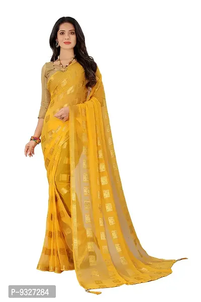 Rhey The Stone and tassels Hand Work Checks Pattern Chiffon Saree With unstitched Blouse Piece (Yellow)