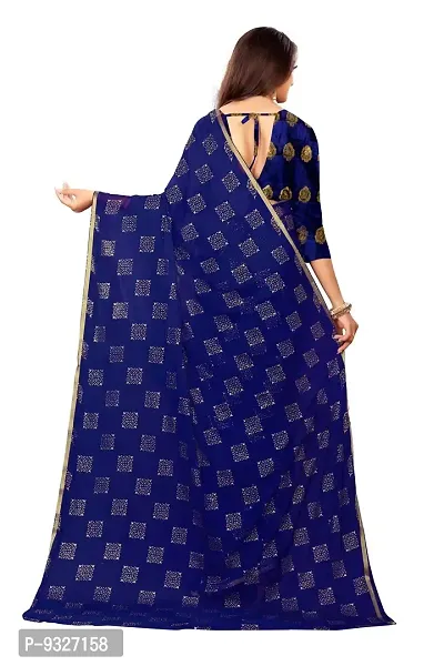 Rhey The Women Foil Printed Work Chiffon Saree With Unstitched Blouse Piece (Dark Blue)-thumb3