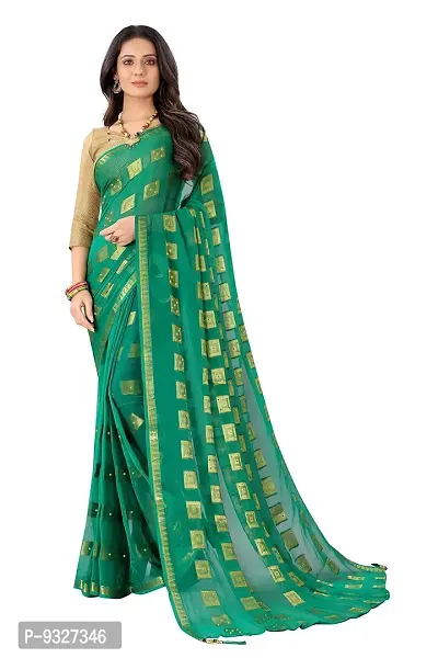 Rhey The Stone and tassels Hand Work Checks Pattern Chiffon Saree With unstitched Blouse Piece (Dark Green)