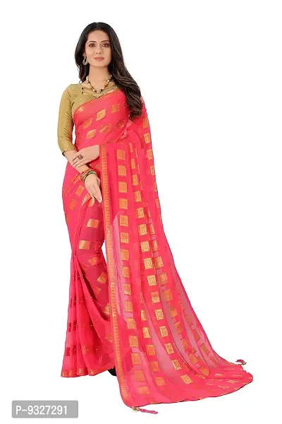 Rhey The Stone and tassels Hand Work Checks Pattern Chiffon Saree With unstitched Blouse Piece (Pink)