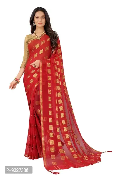 Rhey Women's Pure Chiffon Saree with Stone work - woven Zari Work  tassels - with Jaquard Blouse piece (Colour Red)