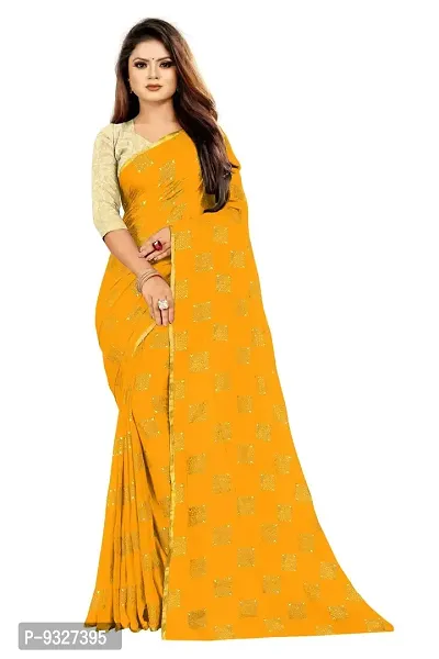 Rhey Women's Pure Chiffon Banarasi Weaving Printed Saree - Gold Zari Border with Jaquard Blouse Piece (Colour - Yellow)