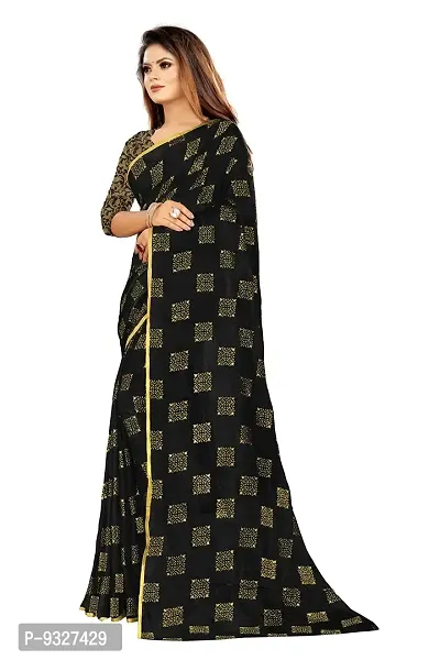 Rhey Women's Pure Chiffon Banarasi Weaving Printed Saree - Gold Zari Border with Jaquard Blouse Piece (Colour - Black)-thumb2