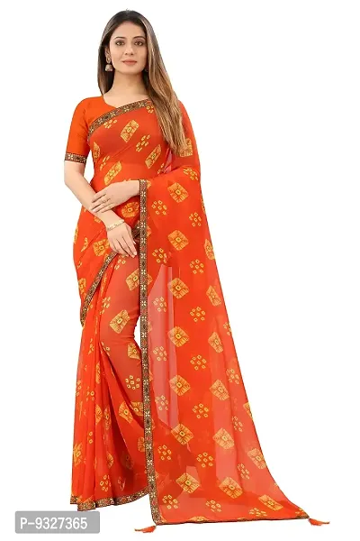 Rhey Women's Pure Chiffon Bandhani Printed Saree with Lace border  Bandhani Chiffon Blouse piece (Colour Orange)