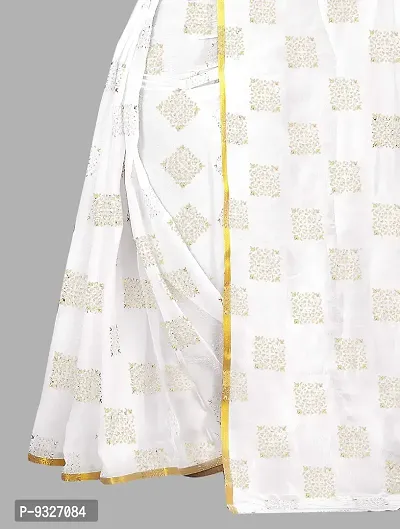 Rhey Women's Pure Chiffon Banarasi Weaving Printed Saree - Gold Zari Border with Jaquard Blouse Piece (Colour - White)-thumb3