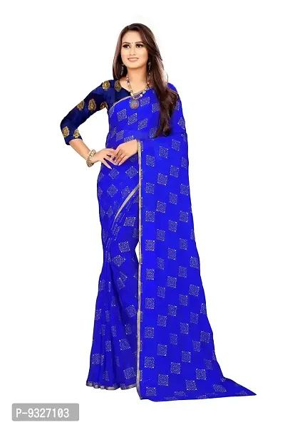 Rhey The Women Foil Printed Work Chiffon Saree With Unstitched Blouse Piece (Blue)