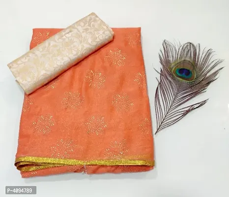 Beautiful Peach Color Foil Print Chiffon Saree With Jacquard Blouse Piece-thumb0