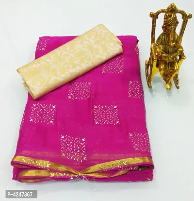 Beautiful Chiffon Foil Work Saree With Blouse Piece-thumb0