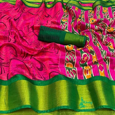 Bhagalpuri Digital Floral Print Cotton Silk Sarees with Blouse piece