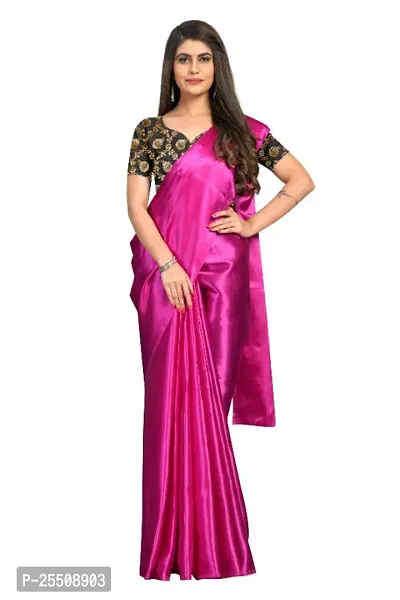 Rhey Womens Woven Solid Plain Satin Saree With Blouse-thumb0
