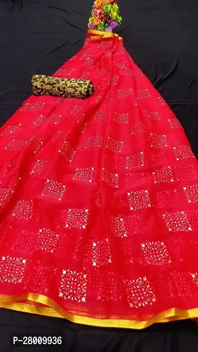 Womens Printed Bollywood Red Chiffon Saree With Blouse Piece-thumb0