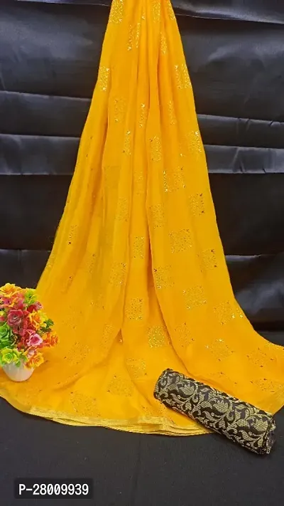 Womens Printed Bollywood Yellow Chiffon Saree With Blouse Piece-thumb0