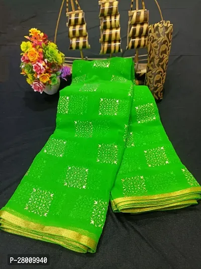 Womens Printed Bollywood Green Chiffon Saree With Blouse Piece